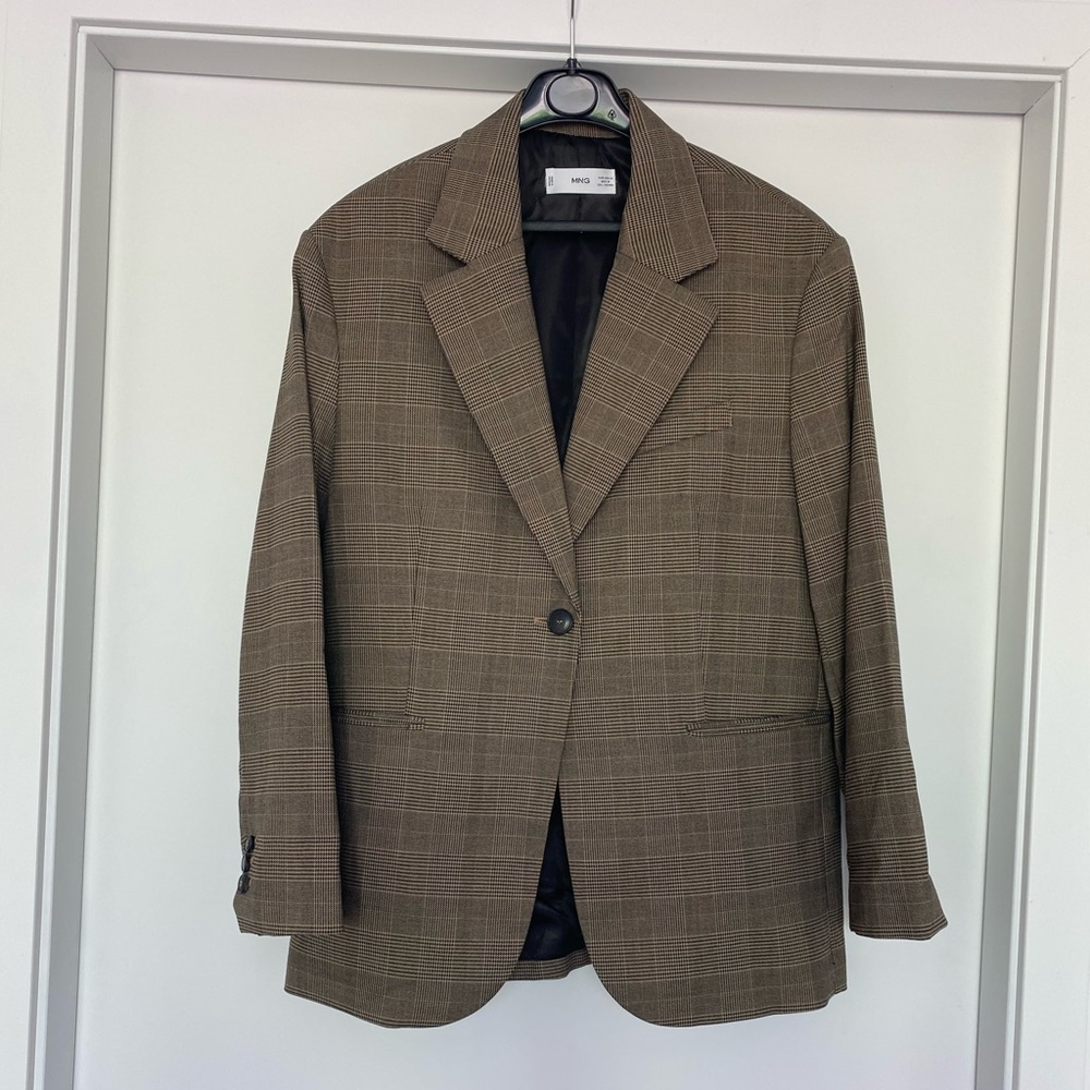 MANGO Brown multi plaid boyfriend fit blazer, size medium